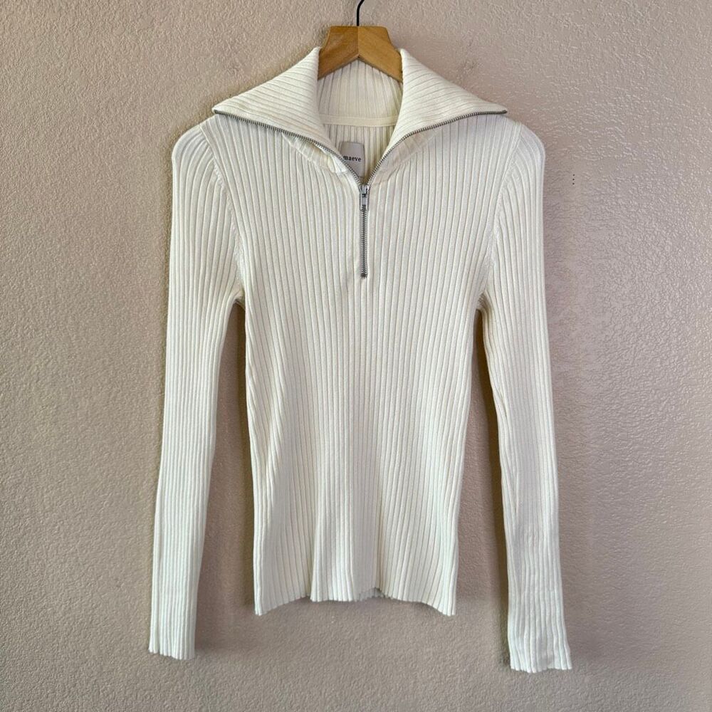 Maeve Fitted Half Zip Ribbed Long SleeveTop Womens M Ivory Office Work Casual